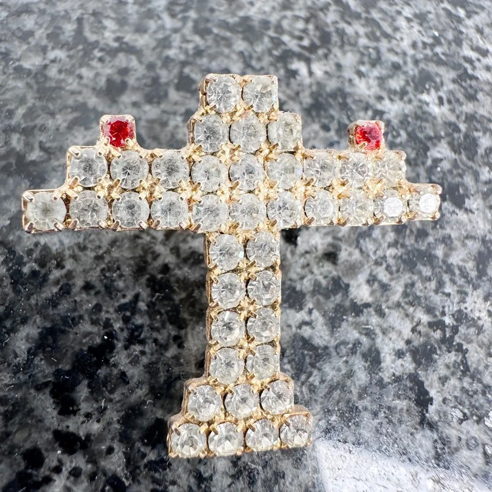 Vintage Rhinestone Airplane Brooch Gold Tone Aircraft Pin Red Lights‎ Aviation
